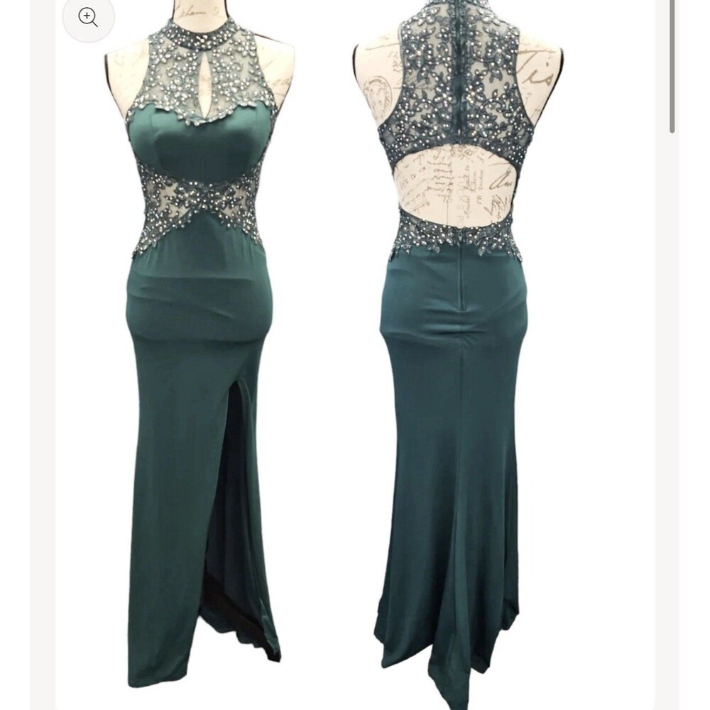 Y2K City Triangles Prom Gown Beaded Sparkling  Mermaid Cut Out Mesh Sz 7 Green